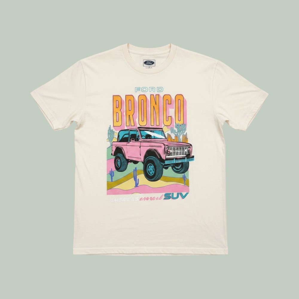 Ford Bronco Graphic‎ Tee Cream Pink Retro SUV Desert Short Sleeve Shirt Medium